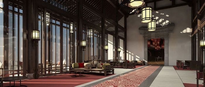 中式四合园会所装修效果图，要呈现出温馨之感。